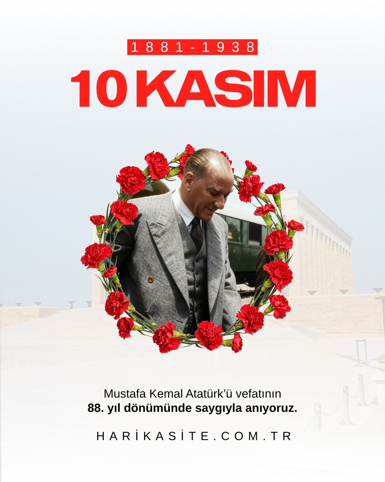 Beyaz ve Kırmızı Çiçekli Minimal 10 Kasım Instagram Gönderisi