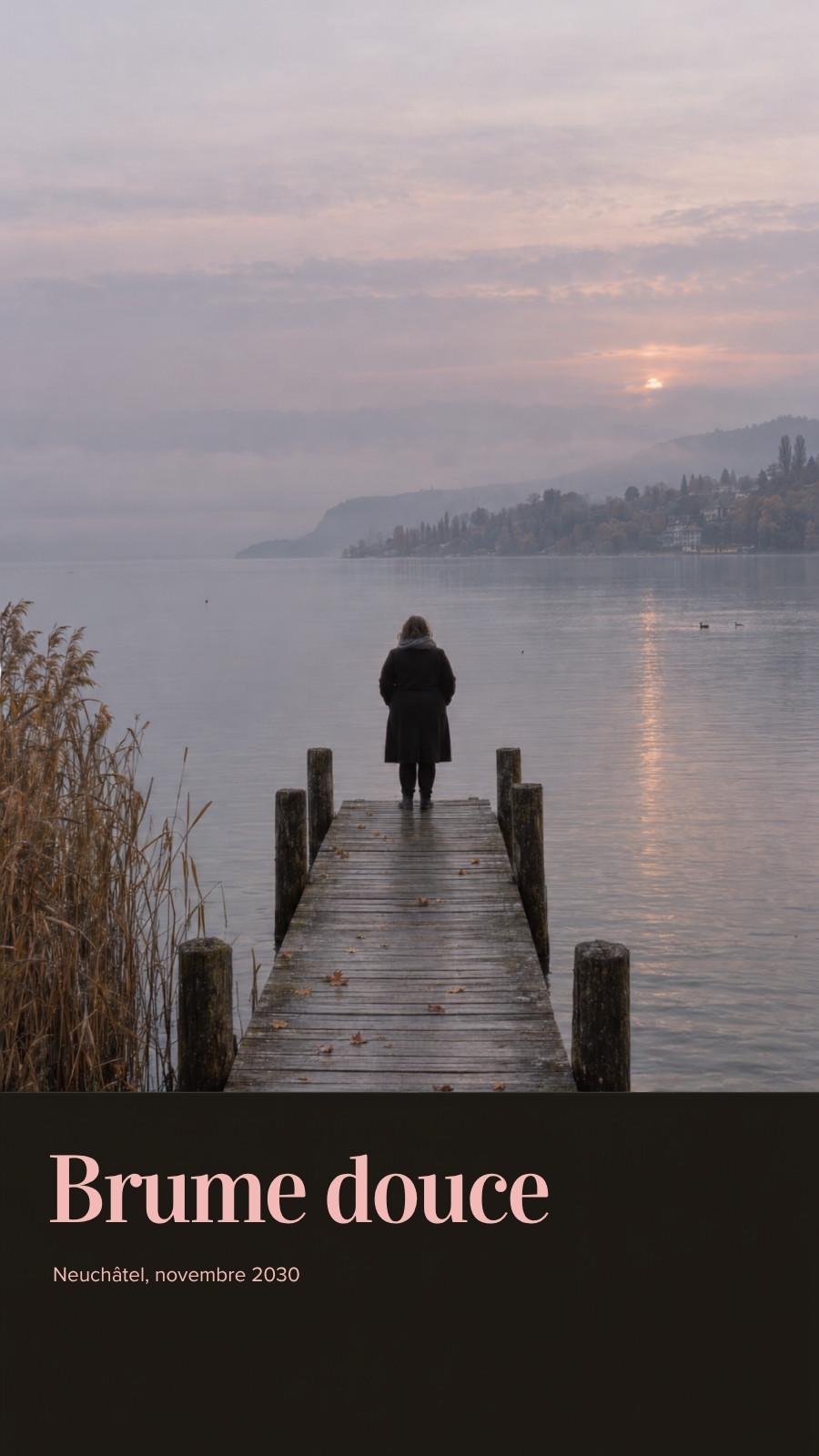 Fond d'écran pour téléphone pour paysage de lac brumeux en noir et rose style éditorial