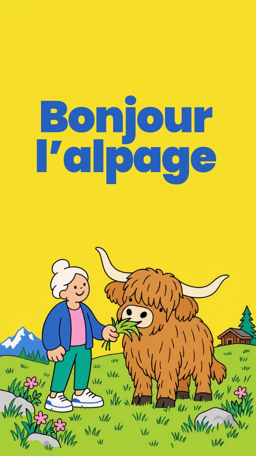 Fond d'écran pour téléphone pour vie à l'alpage en jaune vert et bleu style illustration ludique