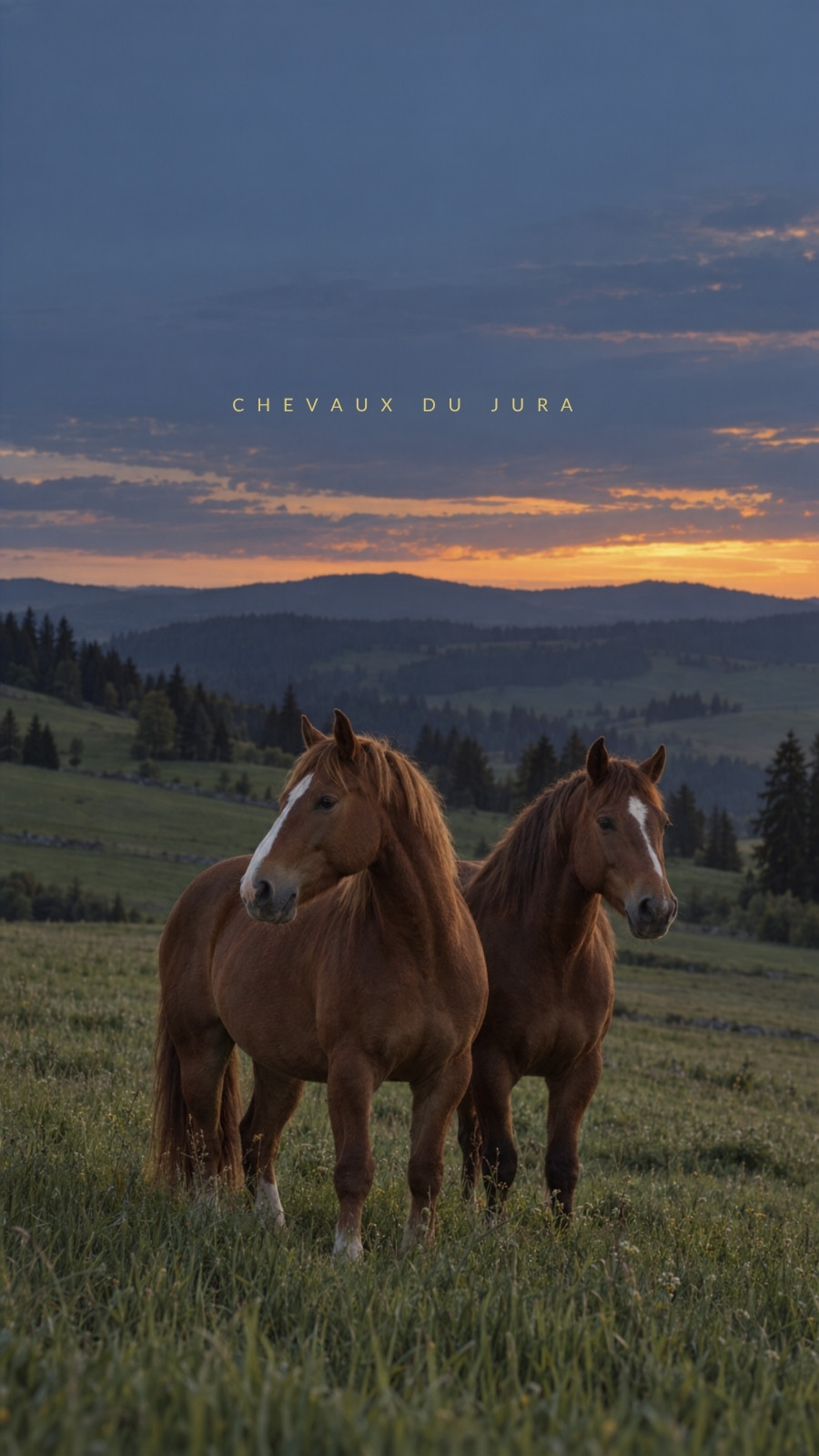 Fond d'écran pour téléphone pour chevaux du Jura en bleu marron et vert style minimaliste