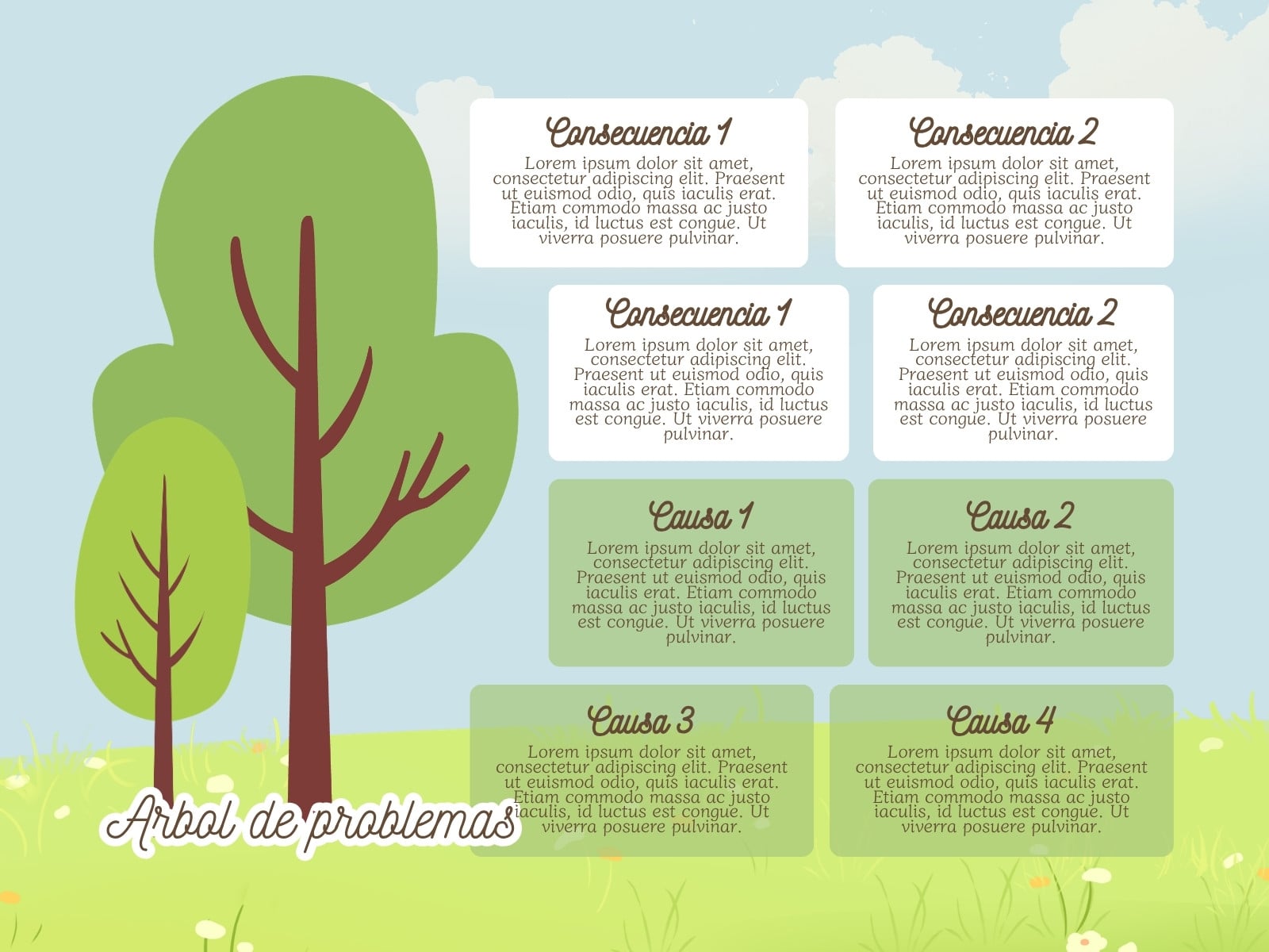 Grafica Arbol de problemas ilustrado azul y verde
