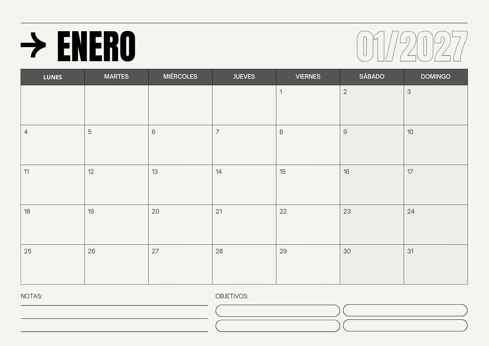Calendario de Pared 2027 Minimalista Beige i Negro