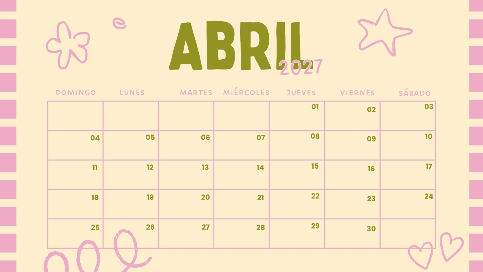 Calendario Abril Ilustrado Verde y Rosa